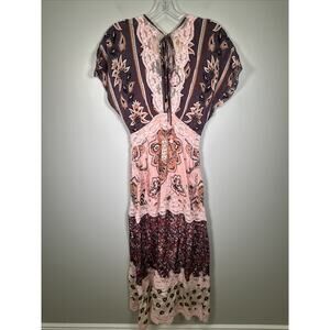 FARM RIO GLAM TAPESTRY BURGUNDY LACES MAXI‎ DRESS XS Preppy Boho